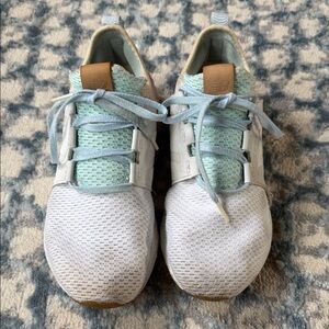 New Balance White and Light Blue Sneakers